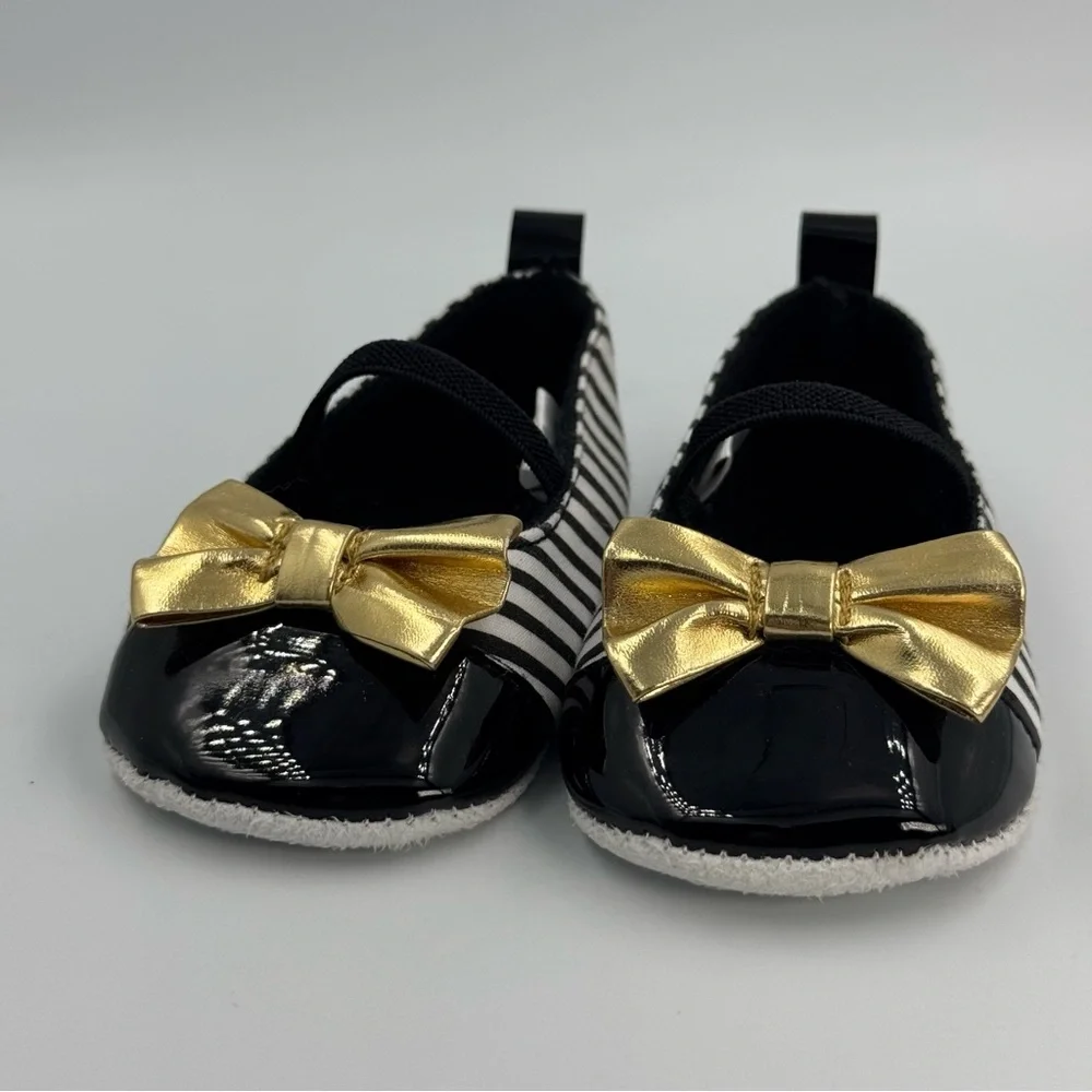 Hudson Baby HB Black and White Striped Baby Dress Shoes With Gold Bow 0-6 Months